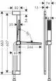 Technische Zeichnung eines Duschsets von Hansgrohe mit einer 65 cm langen Brausestange, verschiedenen Maßen und Details zur Konstruktion.